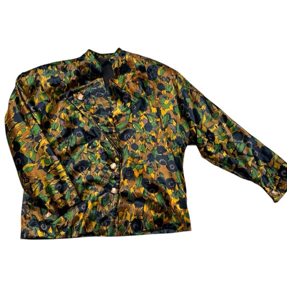 Vintage Floral Belted Blazer Black Gold Green Purple Lapel Flap Crop Blazer EUC - Picture 10 of 10